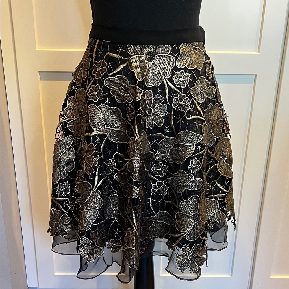 Anthropologie Eva Franco Black and Gold Floral Skater Skirt